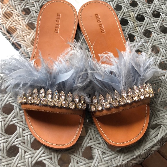 Miu Miu Shoes - Miu Miu Crystal and Feather Leather Slides 38 1/2